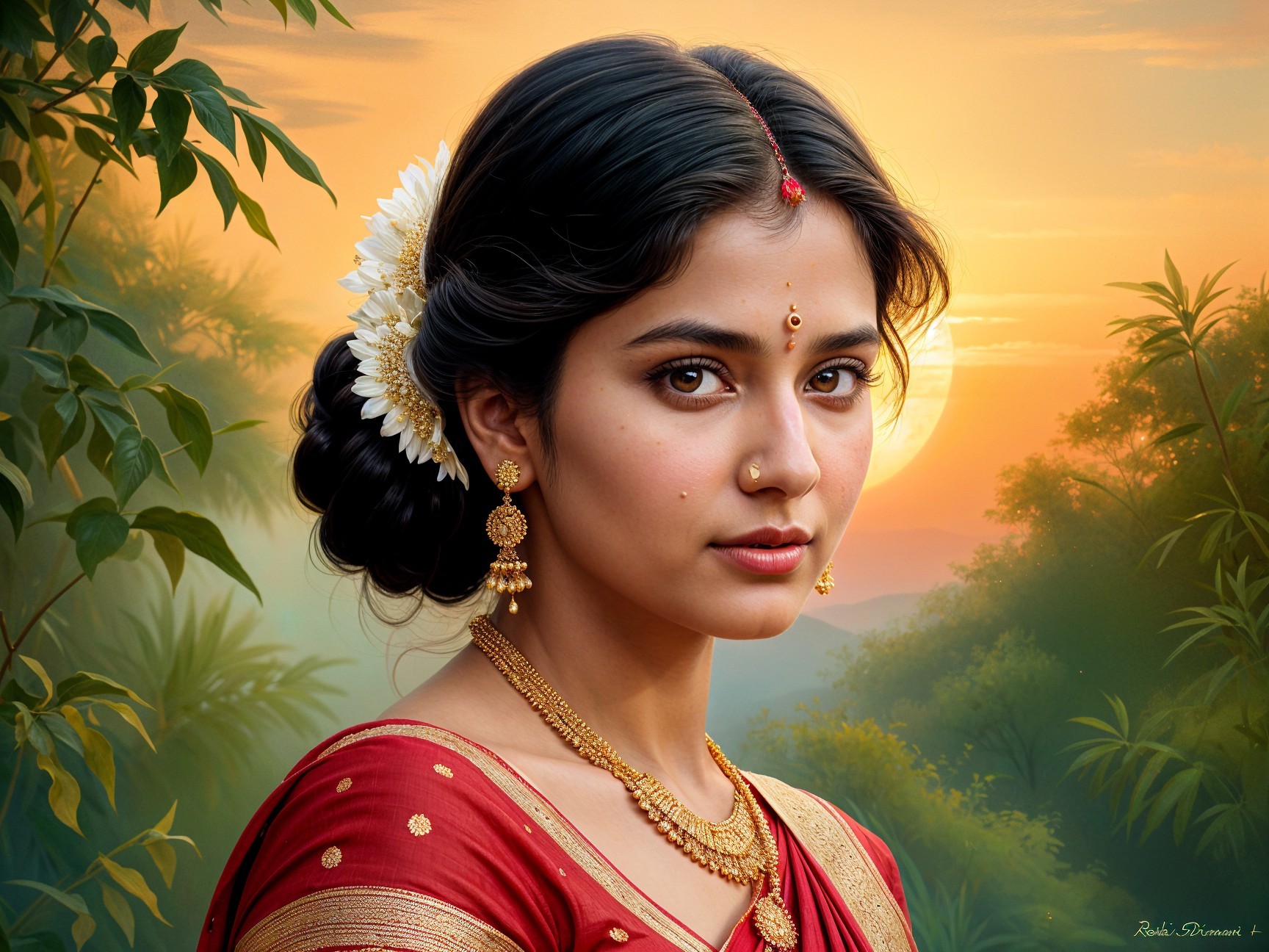 Young woman in red sari with floral adornment