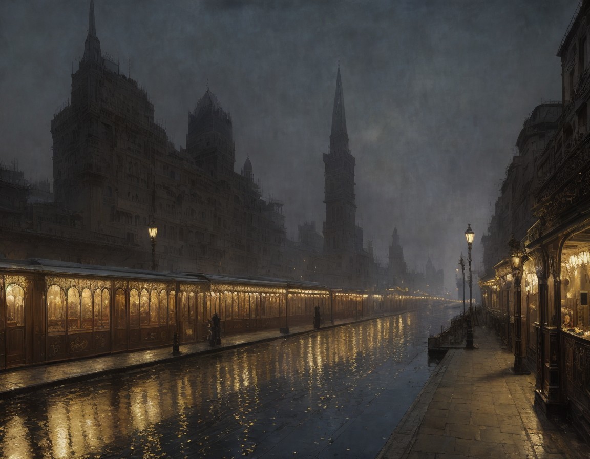 Vintage lampposts illuminate rainy night street scene