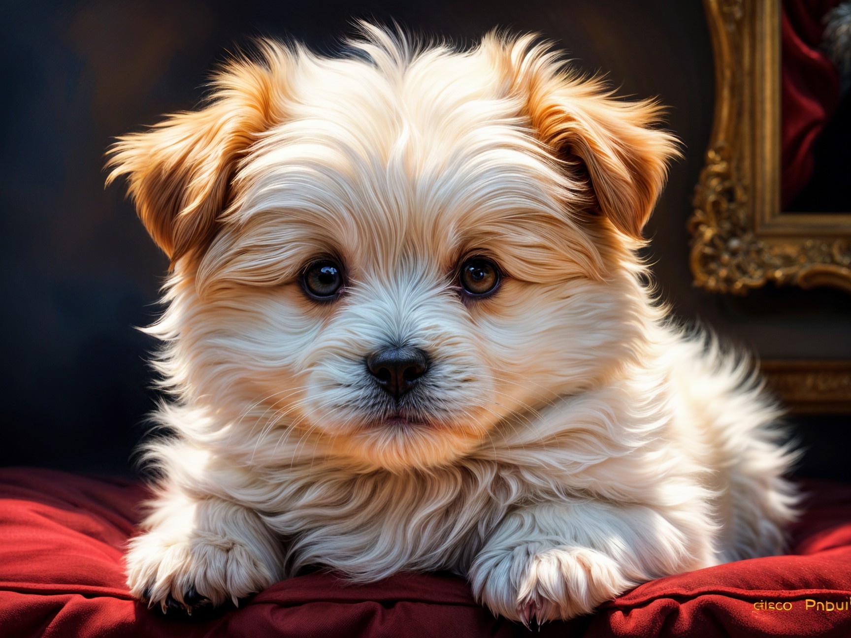 Fluffy Puppy Resting on Red Velvet Cushion