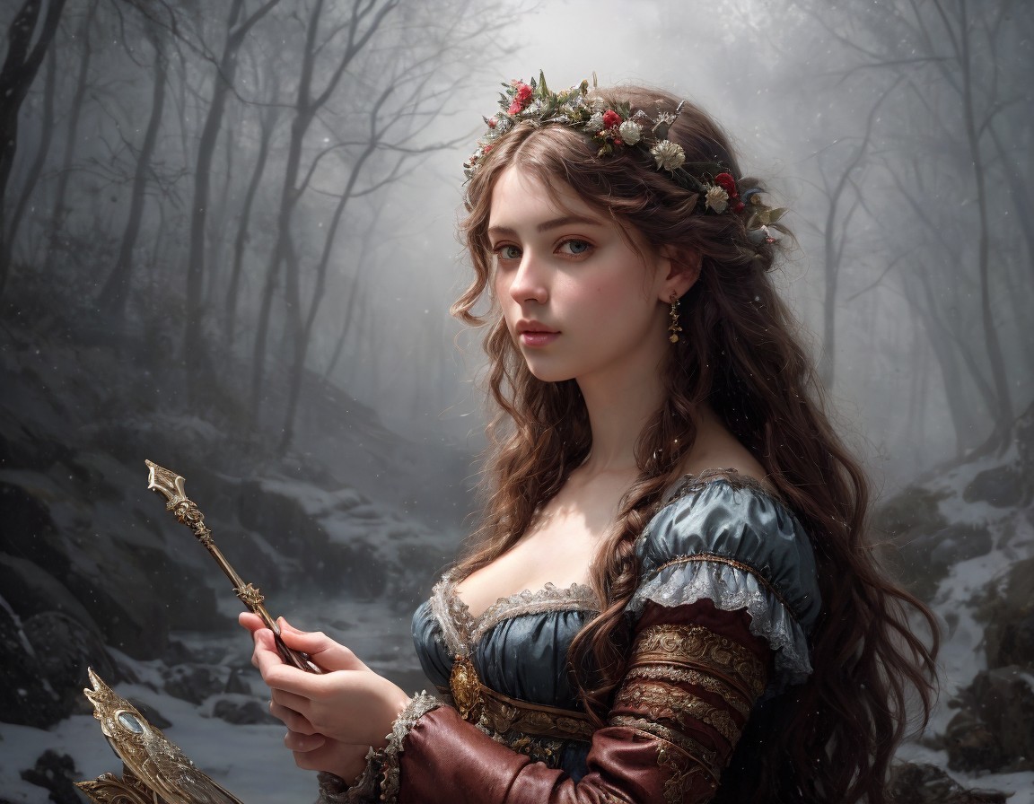Medieval Woman in Floral Crown in Snowy Forest