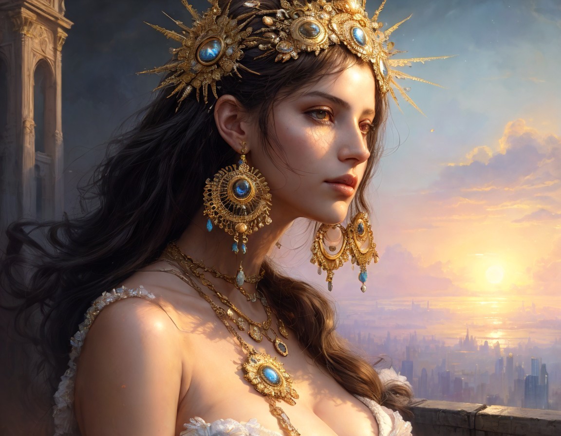 Regal Woman in Gold Jewelry Overlooks Sunset Cityscape