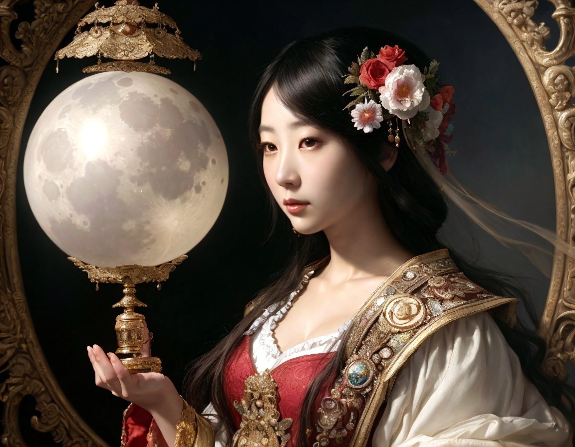 Woman in vintage attire with glowing orb and mirror