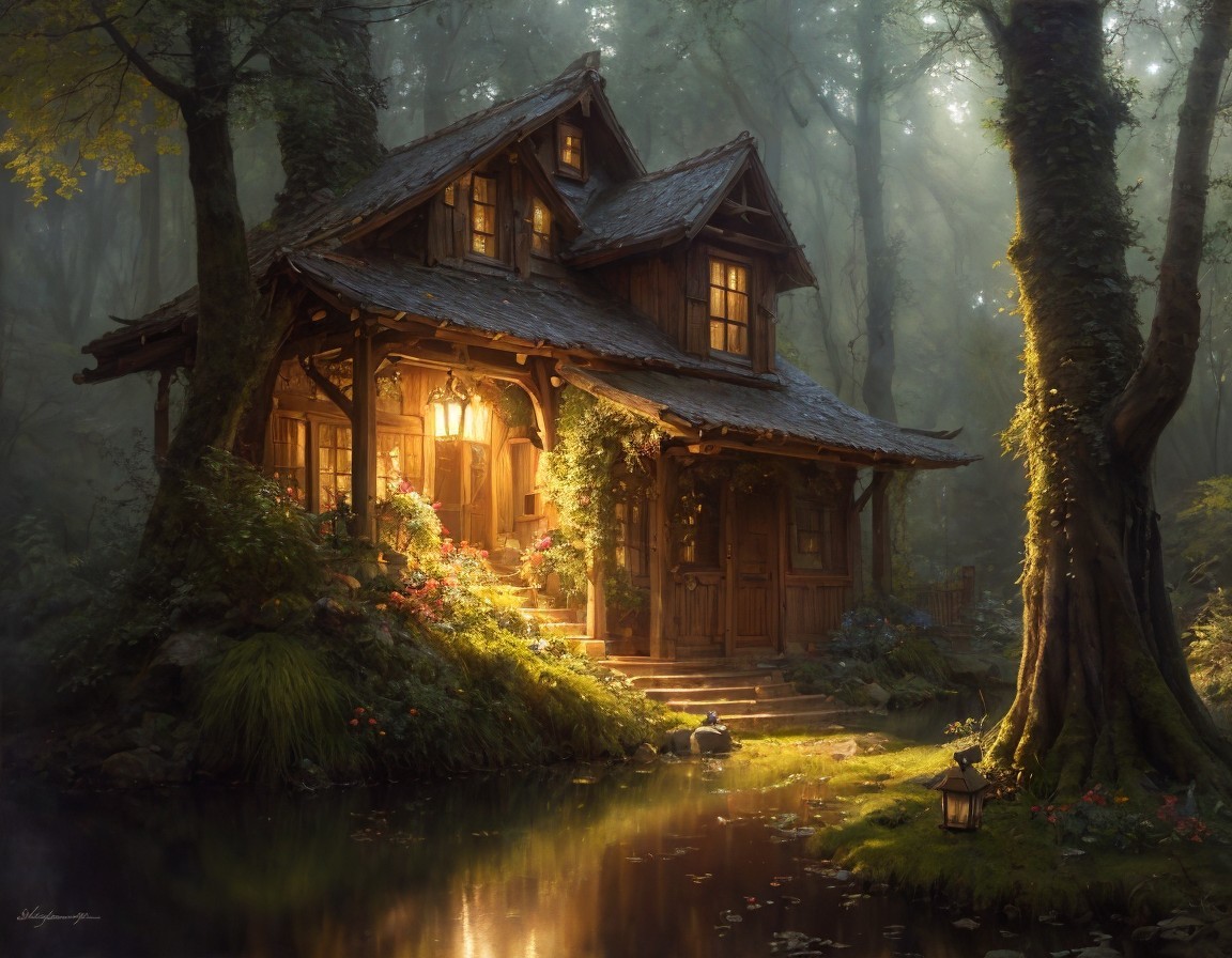 Enchanting Cottage in Misty Forest Landscape