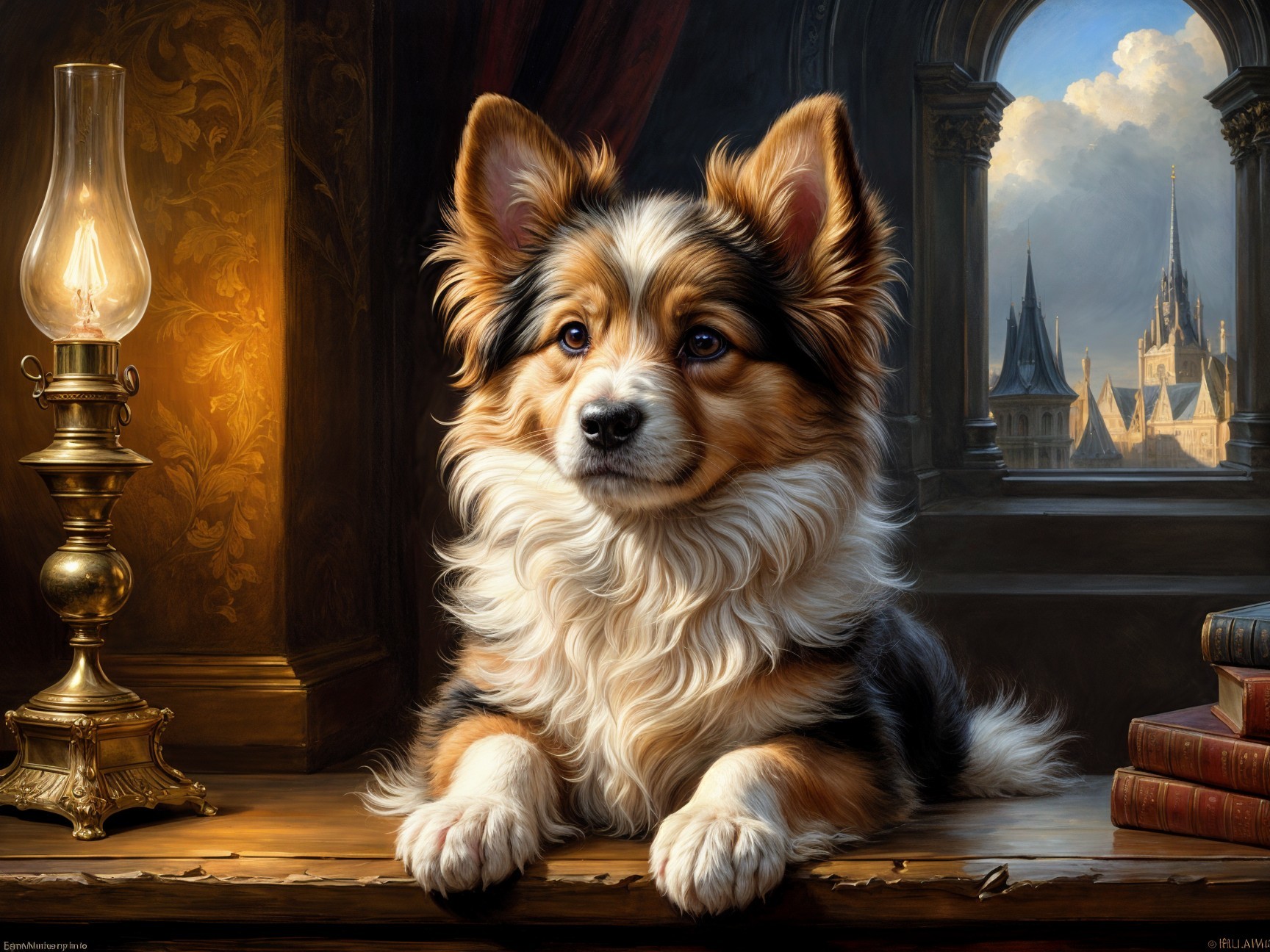 Fluffy Dog on Table with Lantern and Scenic View