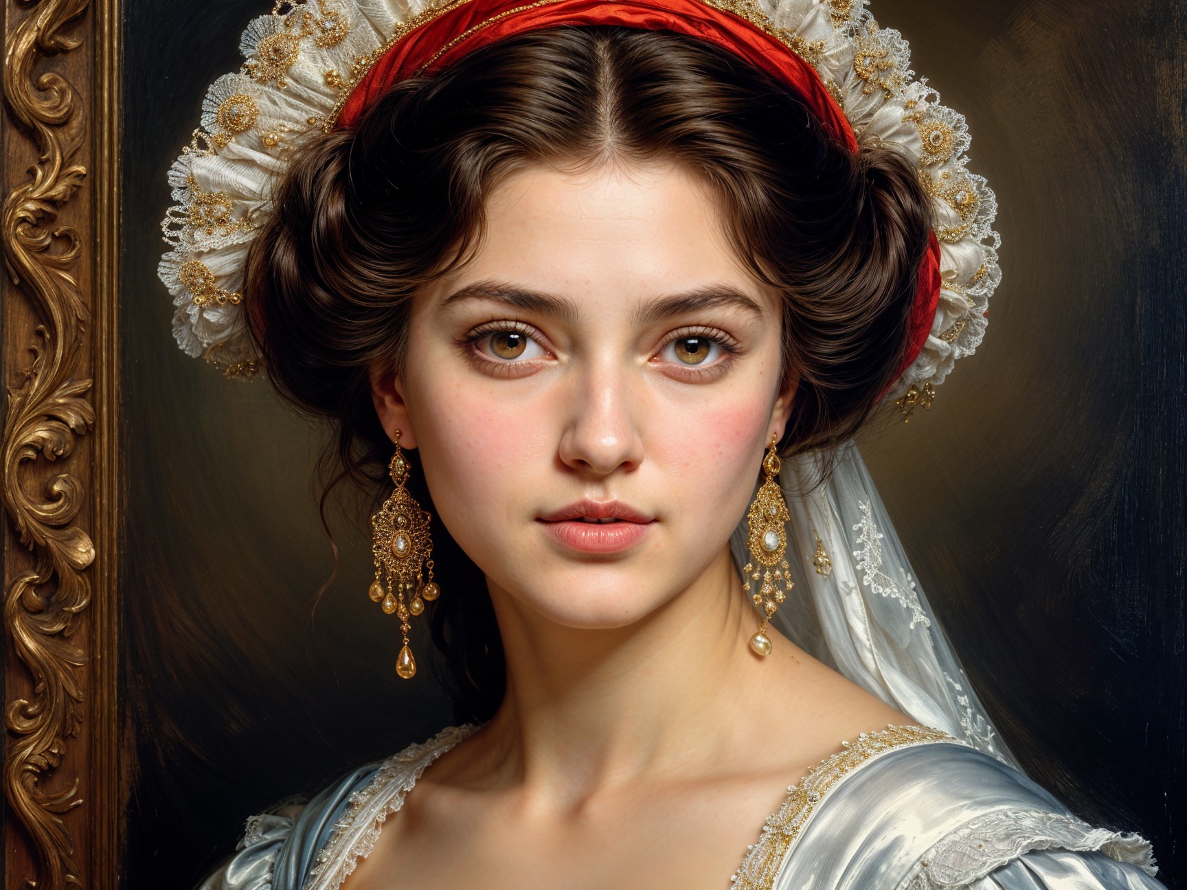 Young Woman in Elegant Dress and Headdress