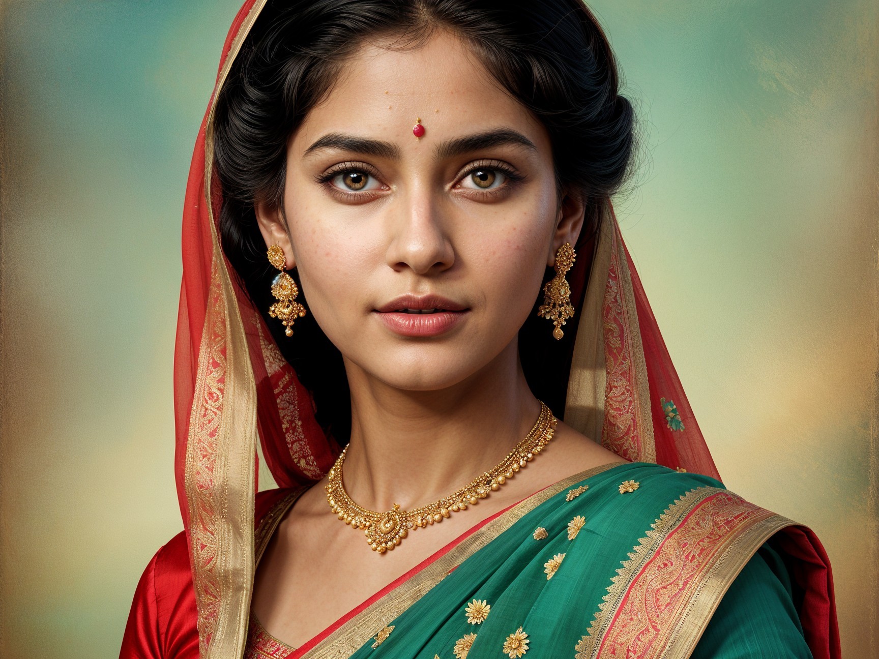 Young woman in vibrant saree with gold embroidery