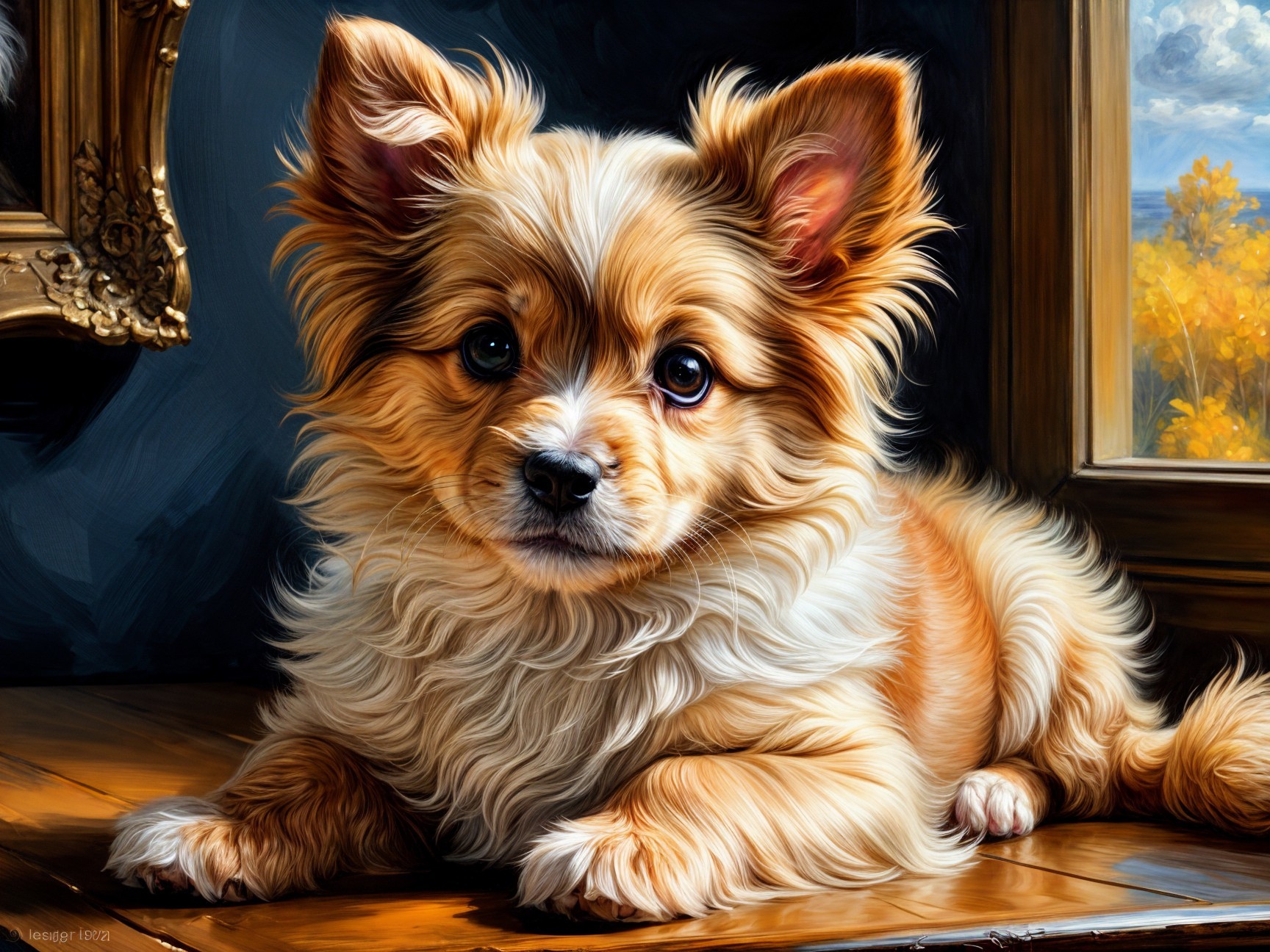 Fluffy Golden-Brown Puppy on Wooden Surface