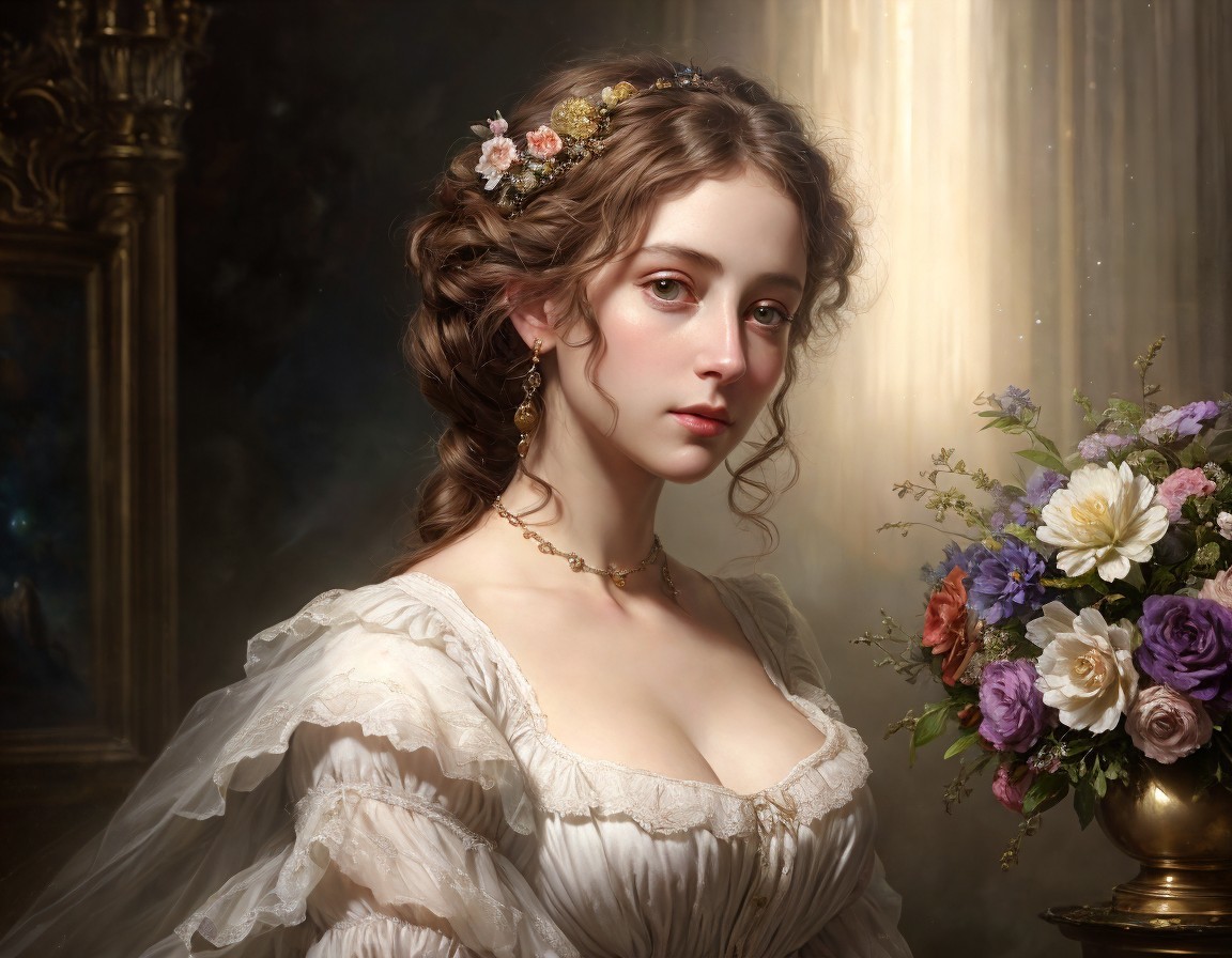 Painting of a young woman in a white dress with flowers