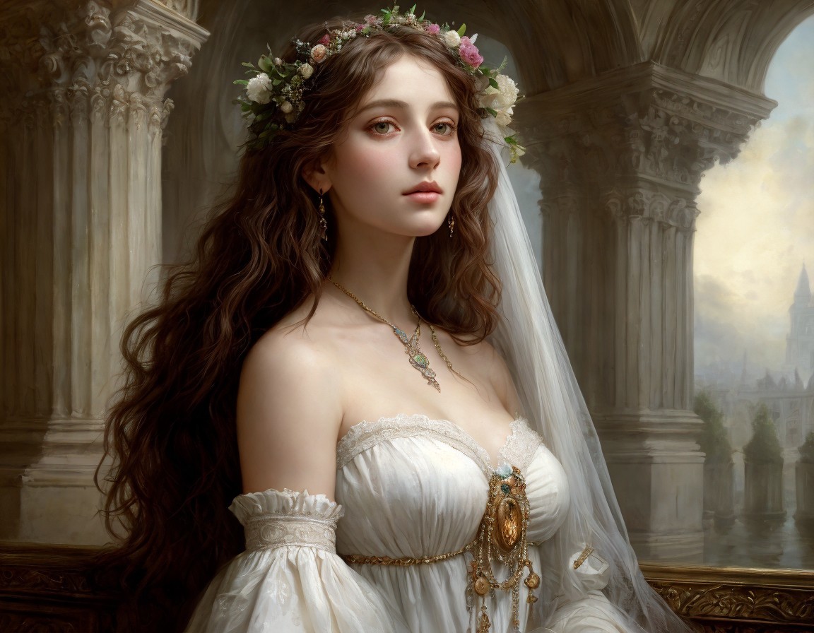 Bridal Gown in Classical Building with Floral Crown