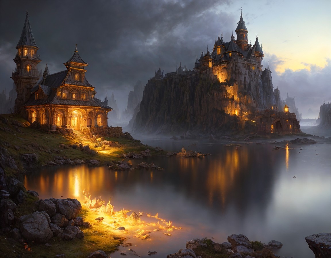 Mystical castle on rugged cliff with illuminated windows overlooking serene lake
