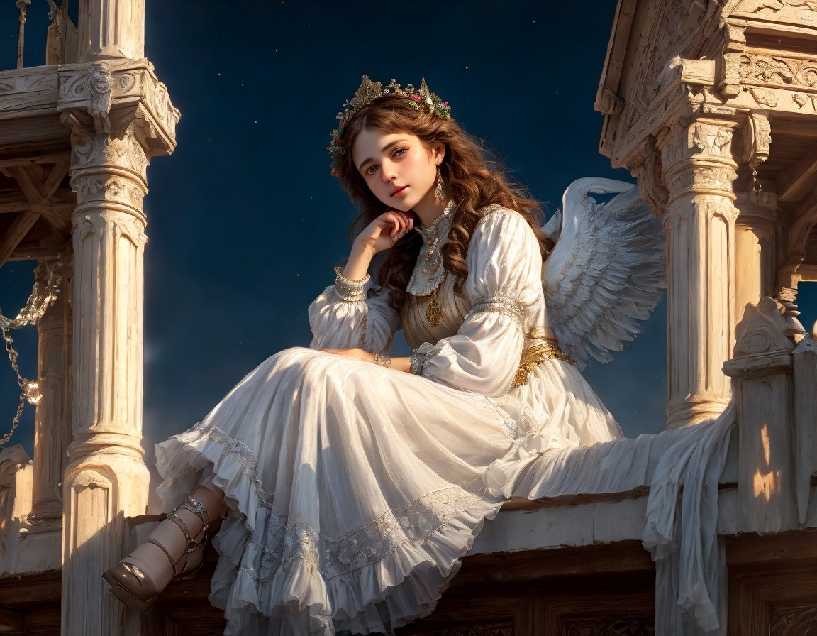 Angel wings woman in white gown on ornate balcony at sunset