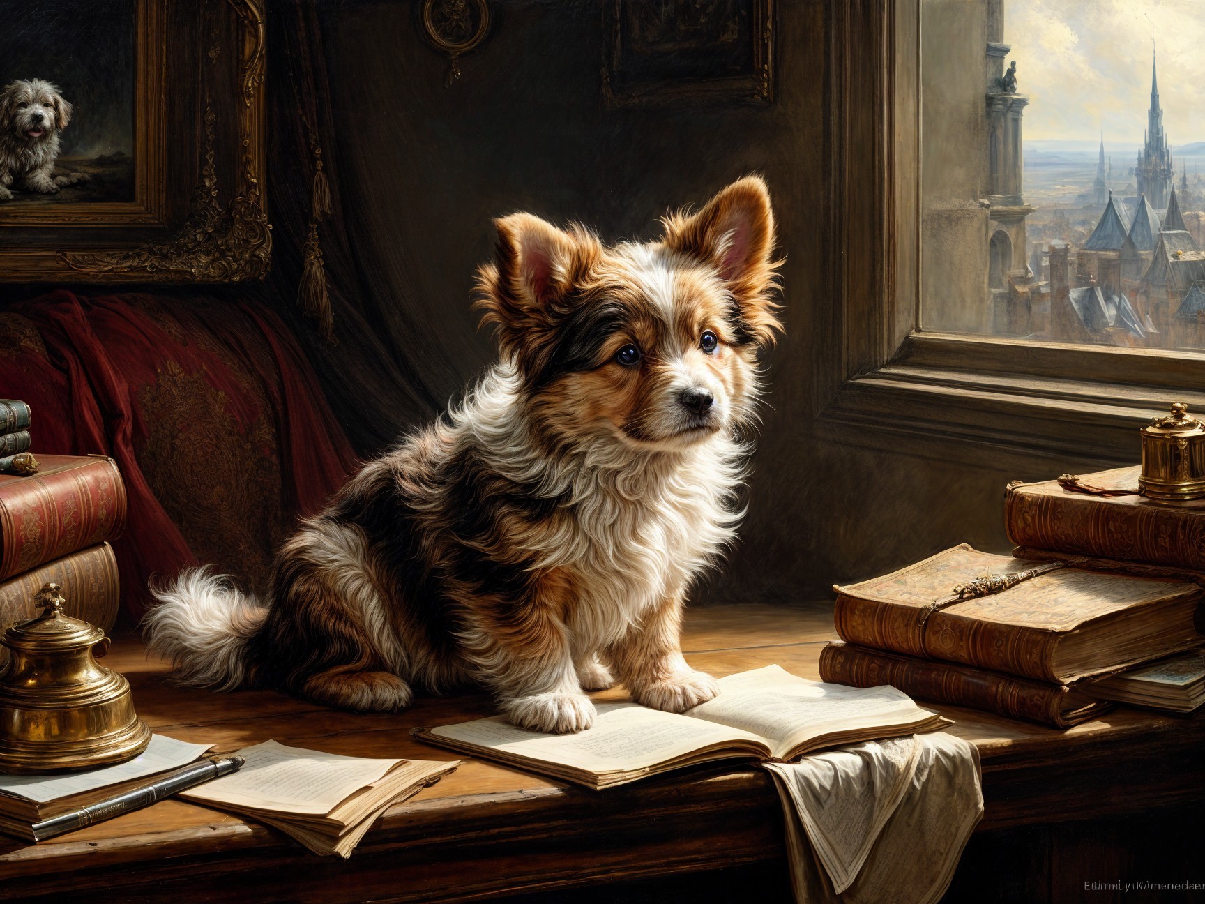 Fluffy Dog on Table Surrounded by Books and Decor