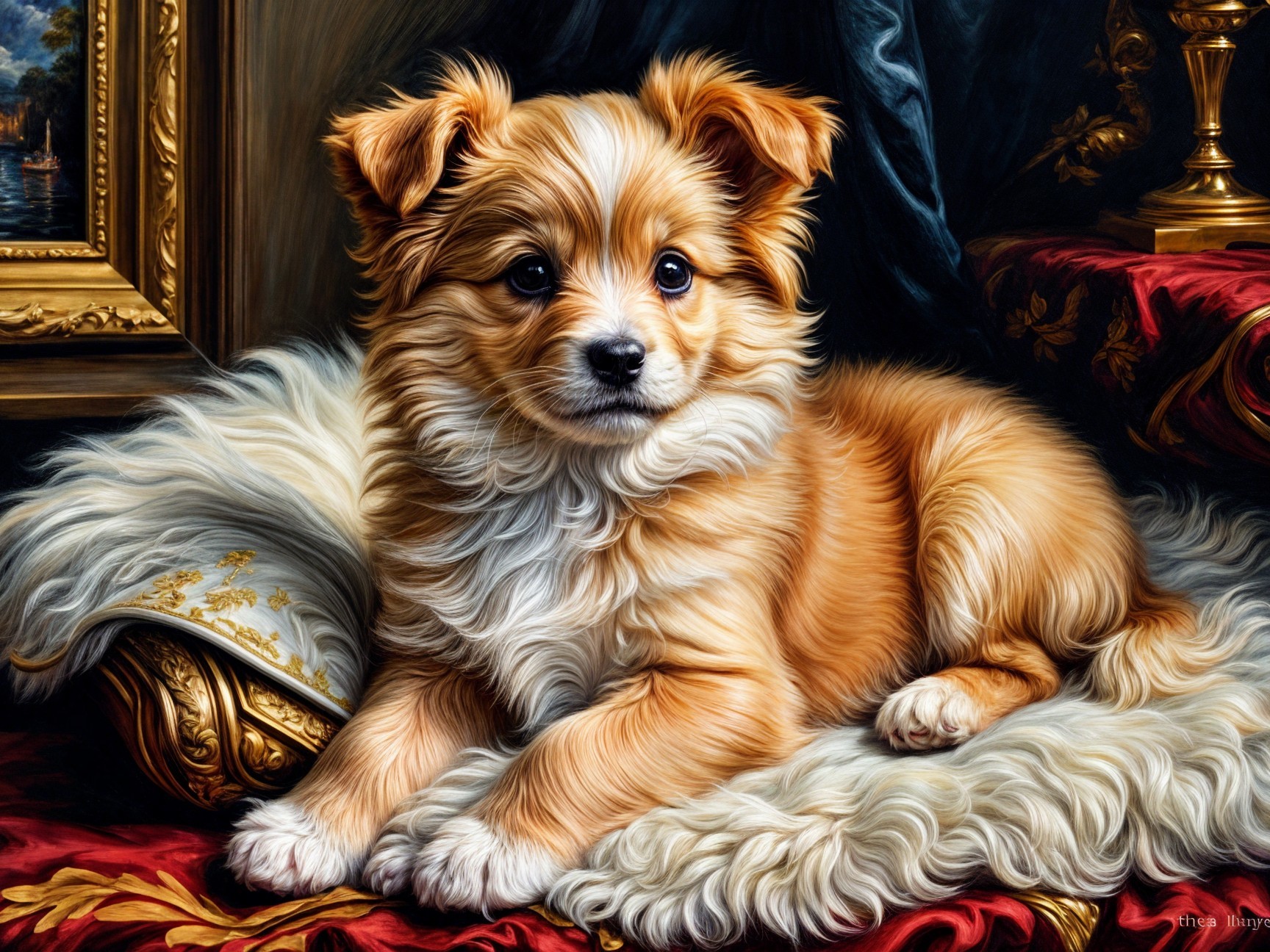 Fluffy Golden-Orange Puppy on Plush White Pillow