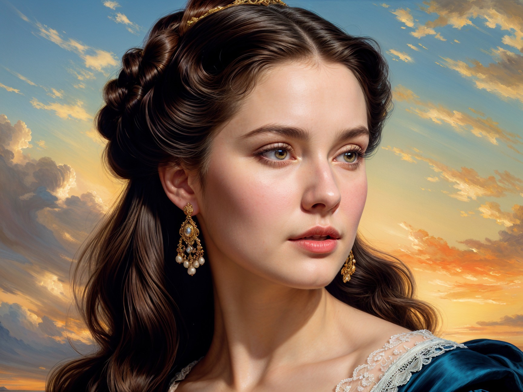Young woman in elegant attire against a vibrant sky