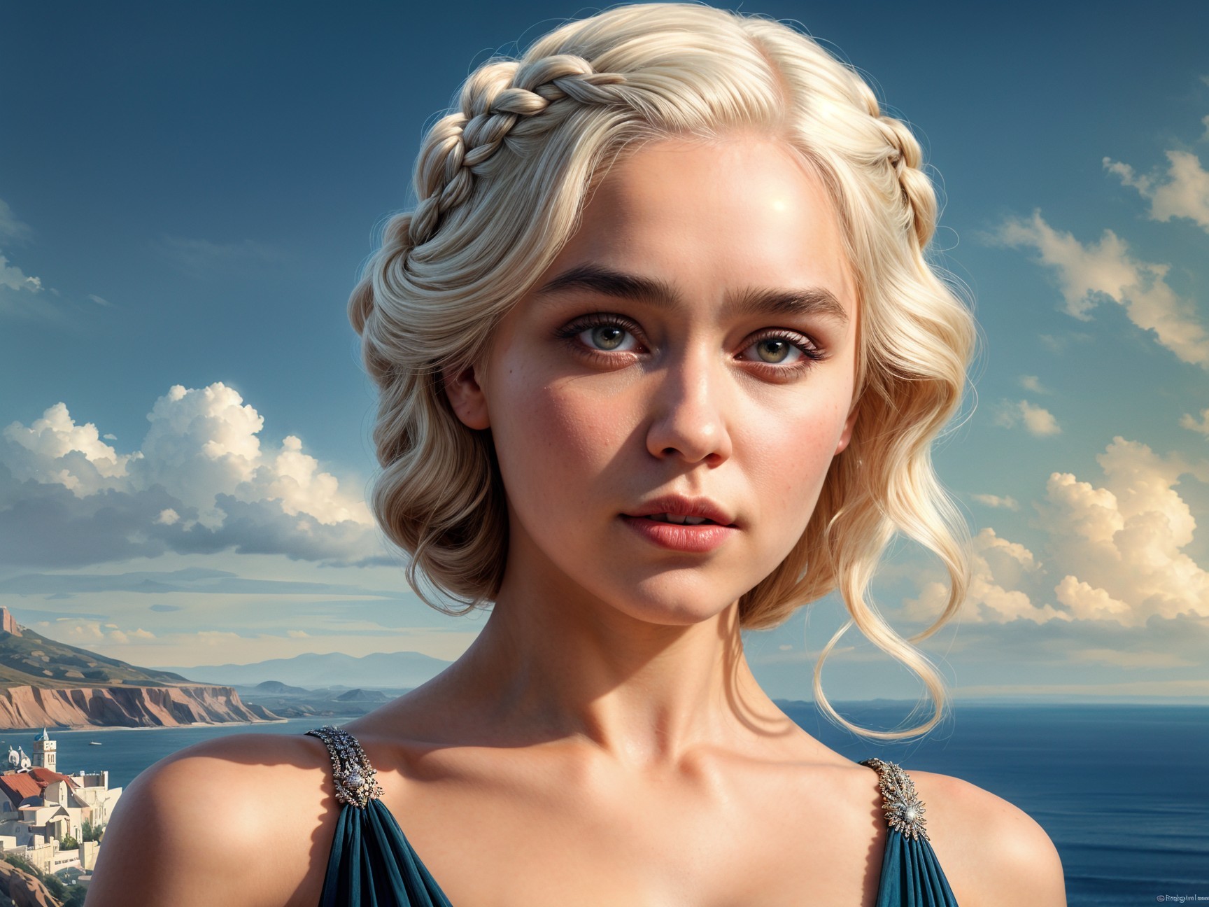Platinum Blonde Woman with Coastal Backdrop and Elegance
