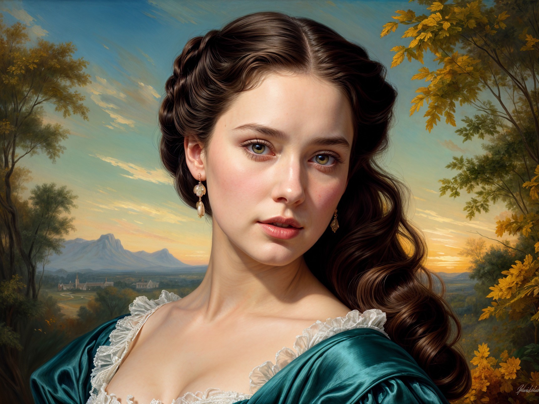 Young woman in teal dress against sunset landscape