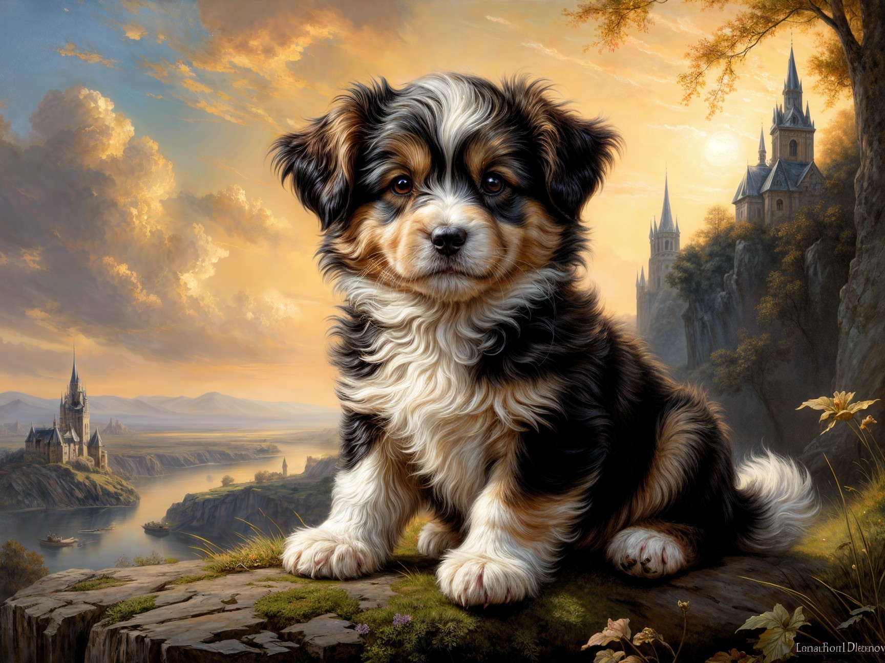 Fluffy Puppy on Rocky Ledge with Scenic Landscape