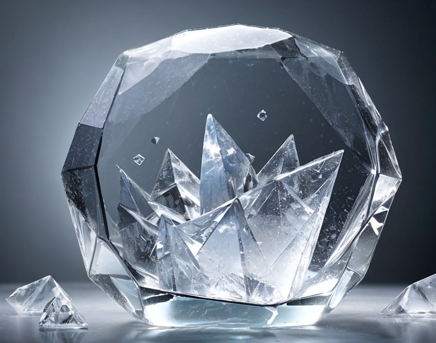 Large Faceted Crystal Surrounded by Shards on Reflective Surface