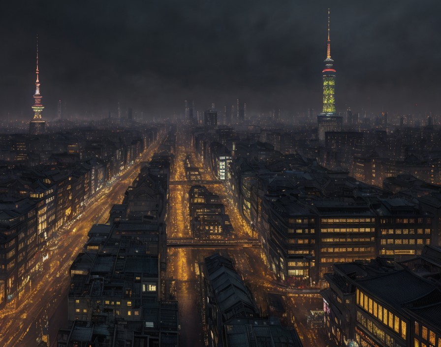 Cityscape night view with illuminated streets, buildings, and distant tower under overcast sky
