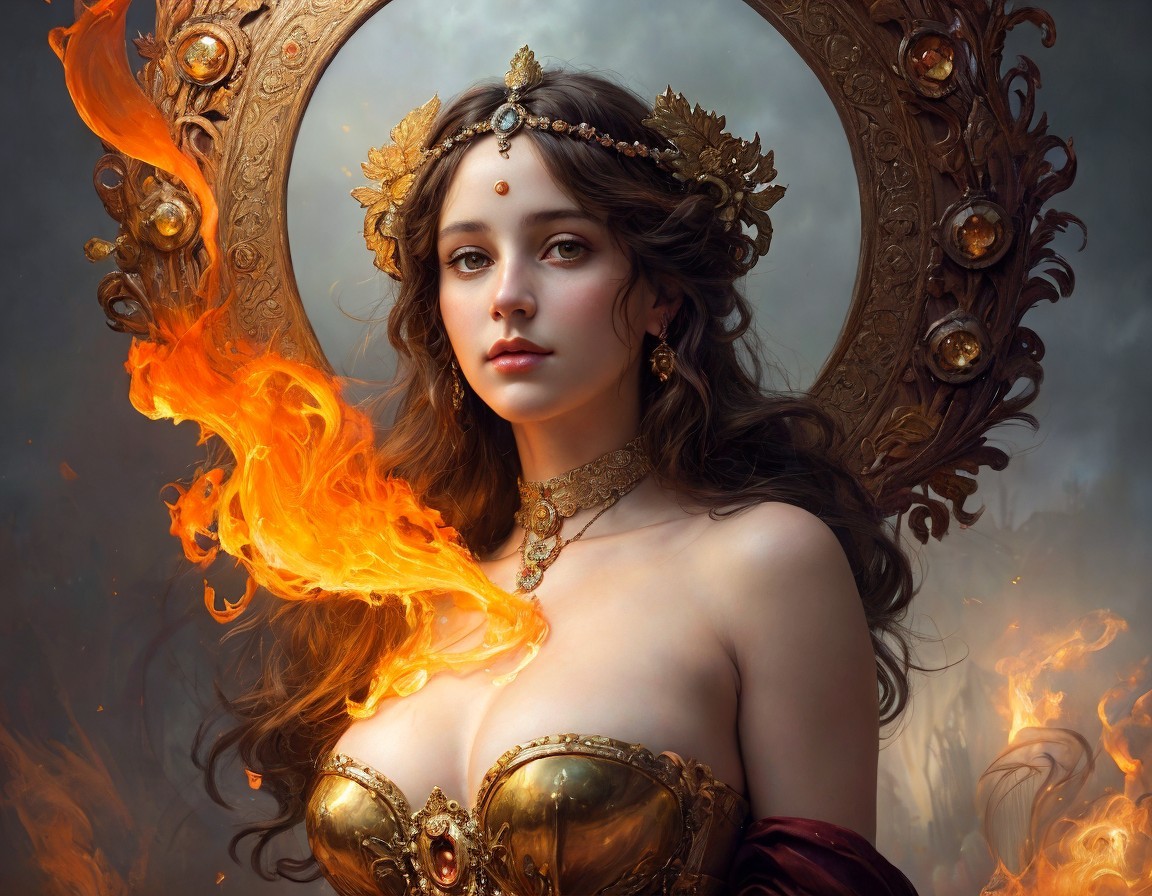 Woman in Golden Attire with Regal Crown and Aura