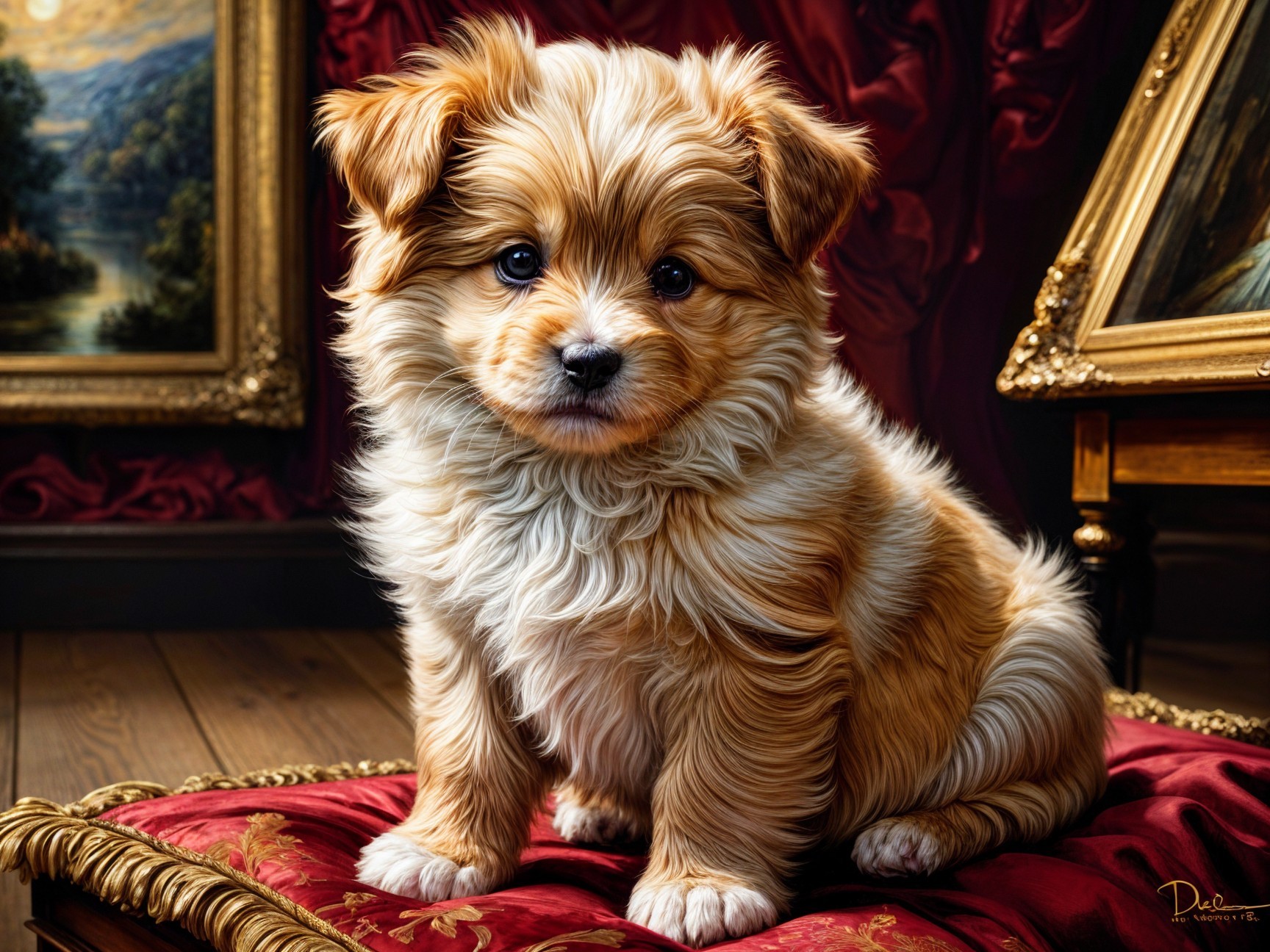 Fluffy Golden-Brown Puppy on Plush Red Cushion