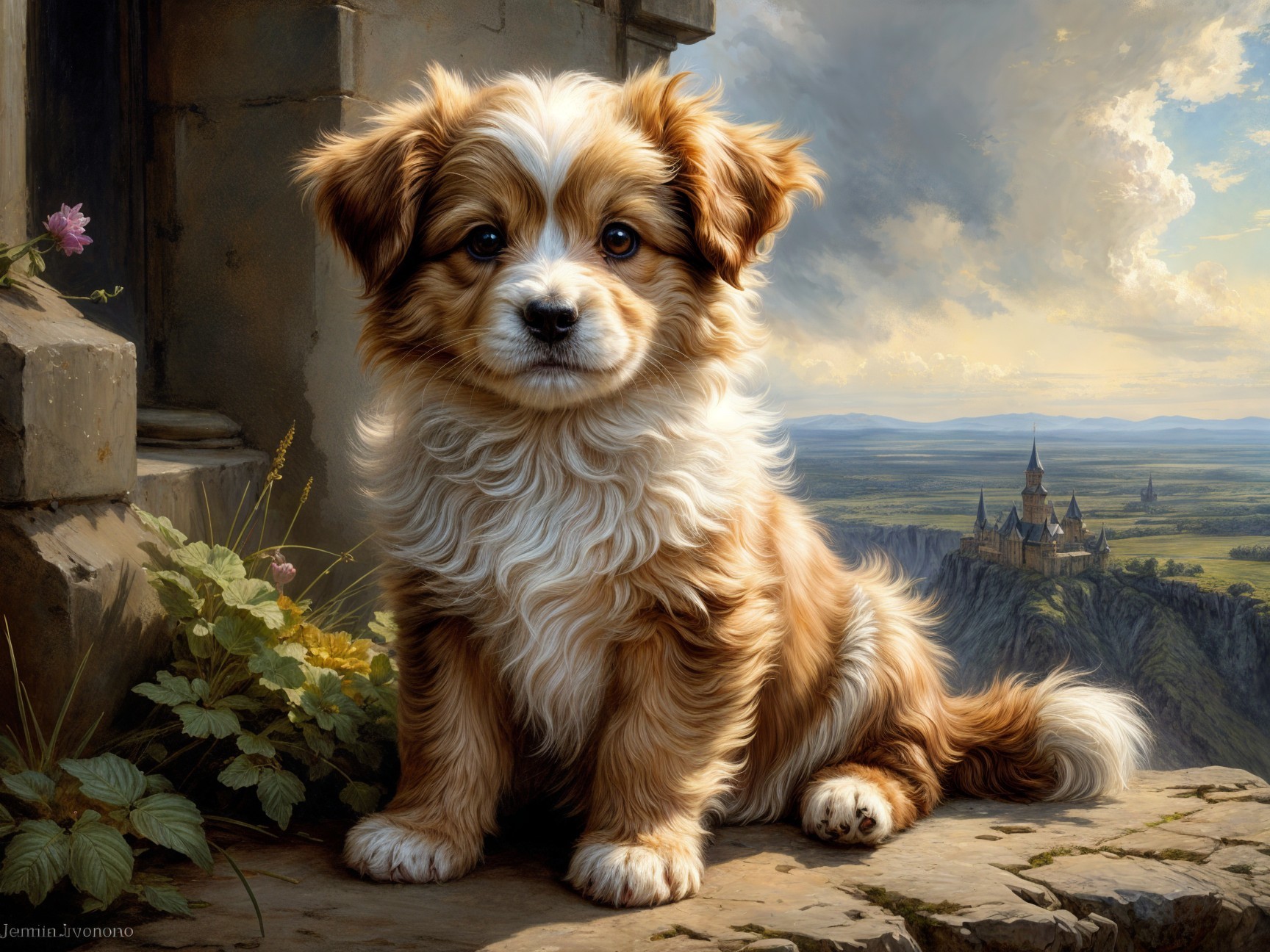Fluffy Puppy on Stone Ledge with Scenic Background