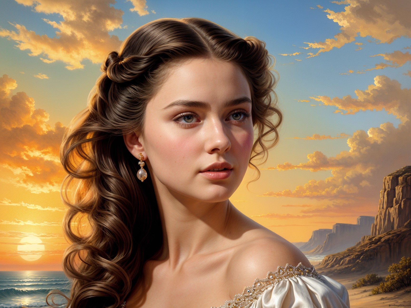 Young woman in white dress by sunset seascape
