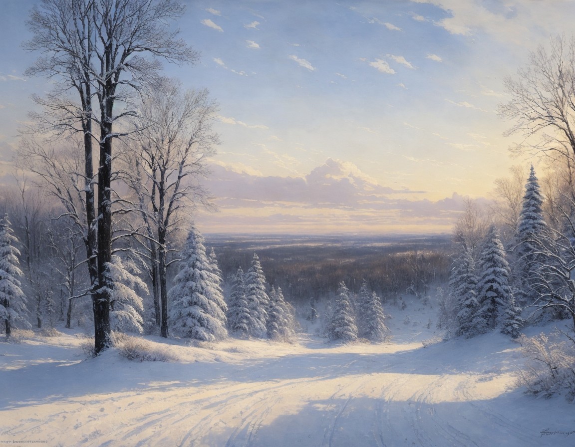 Snow-covered trees in serene winter landscape with clear path and warm sun glow