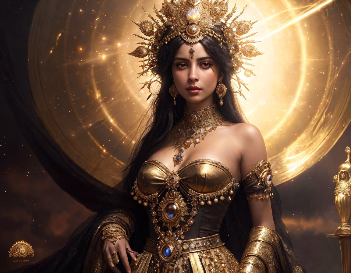 Regal figure in golden gown with ornate crown and jewels