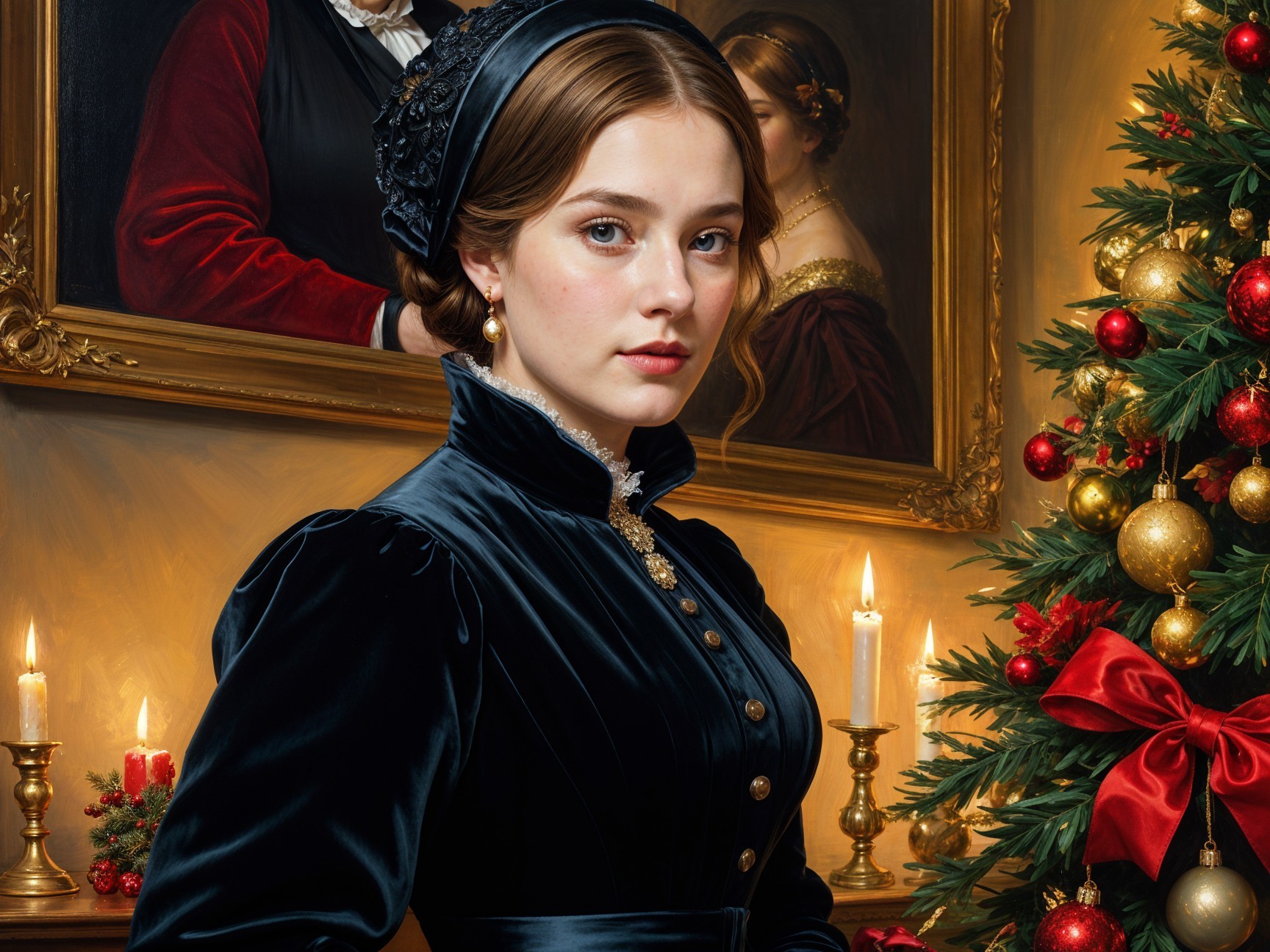 Elegant Woman by Christmas Tree with Vintage Accents