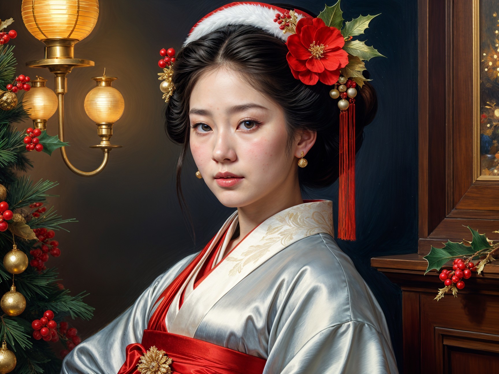 Young Woman in Festive Kimono with Holiday Decor