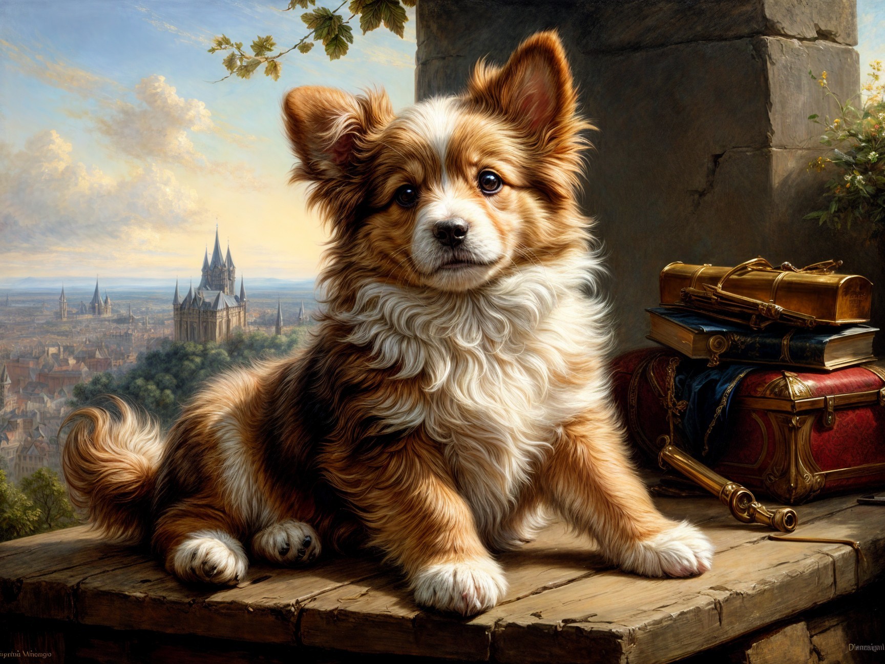 Charming Puppy on Table with Scenic Background Elements