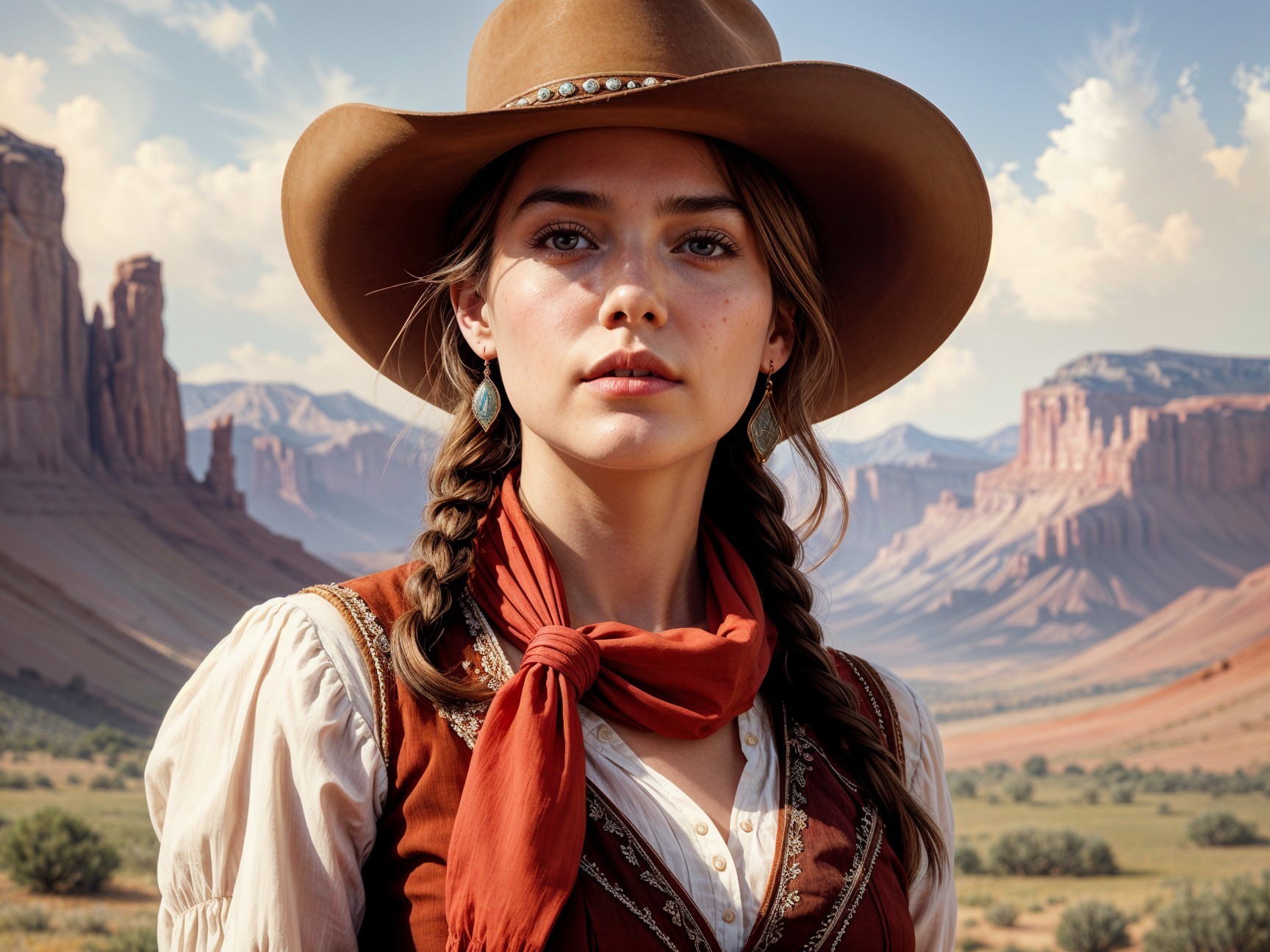 Young Woman in Western Outfit Against Rugged Landscape