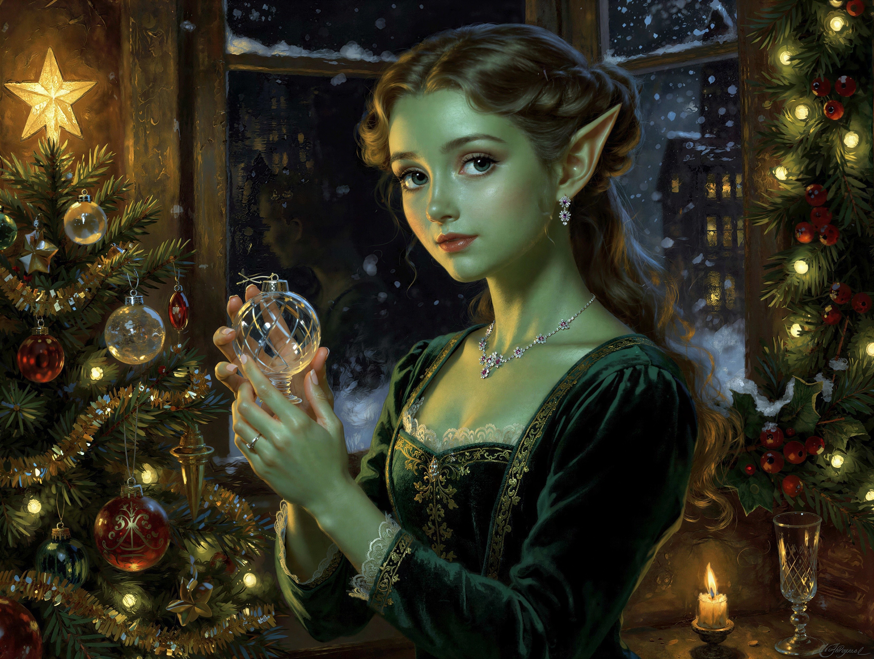 Elf Woman in Velvet Dress by Christmas Tree Scene