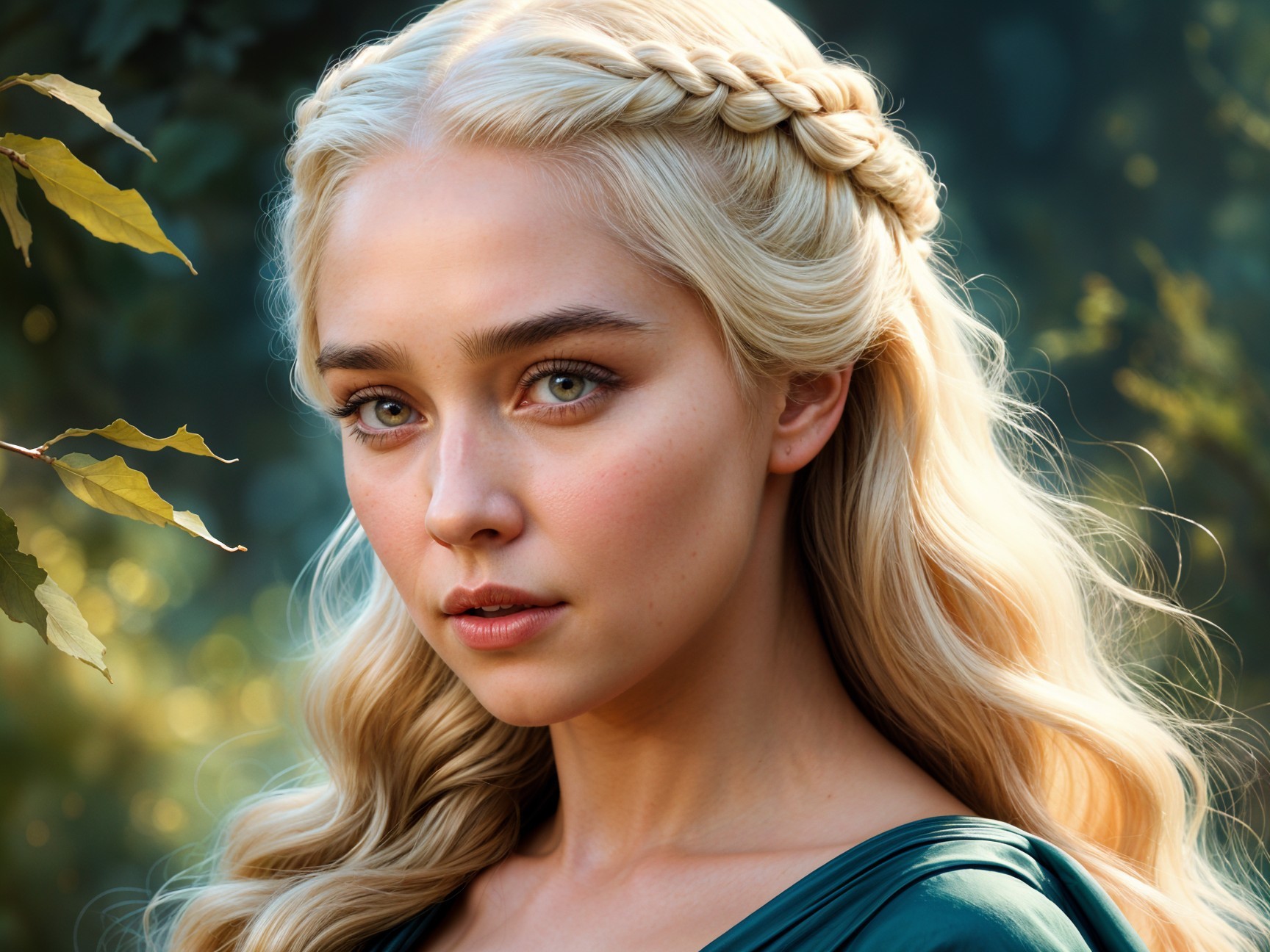 Young woman in green dress with braided crown hairstyle