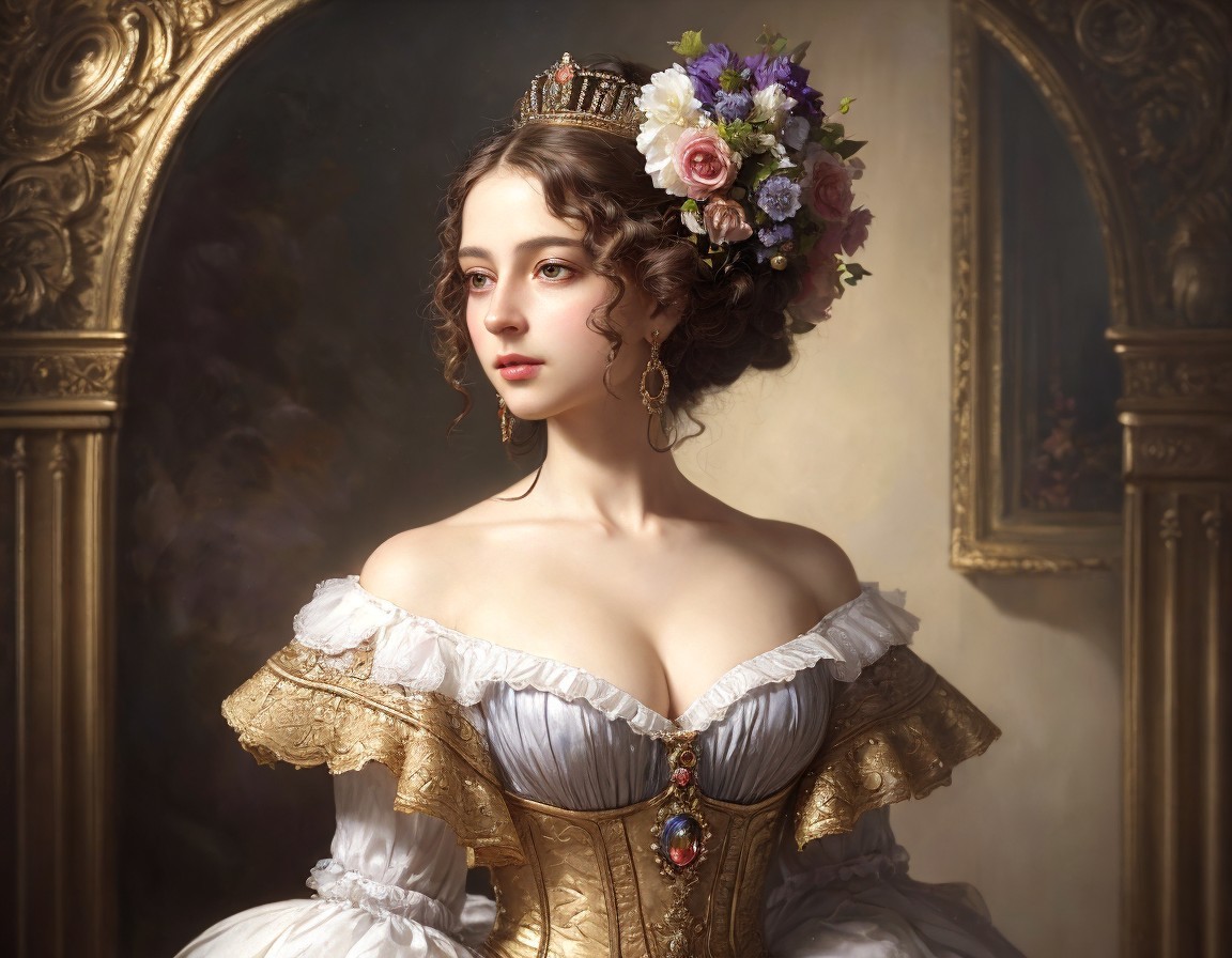 Historical dress with off-shoulder neckline and floral headpiece on elegant woman.