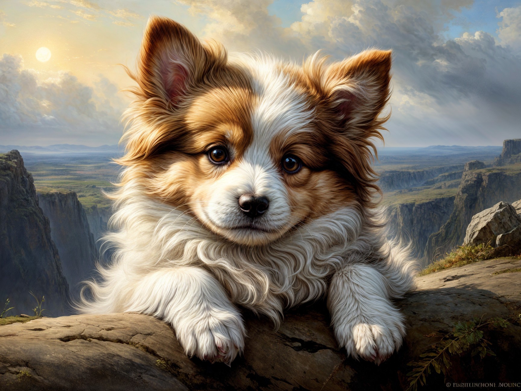 Fluffy Tan and White Dog Resting on Rocky Ledge
