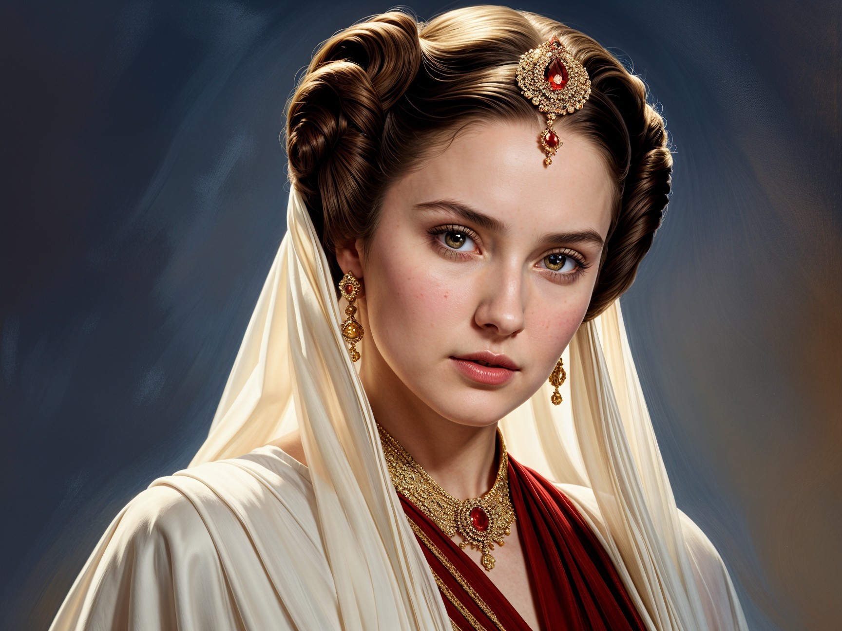 Portrait of a young woman with elegant hair and jewelry