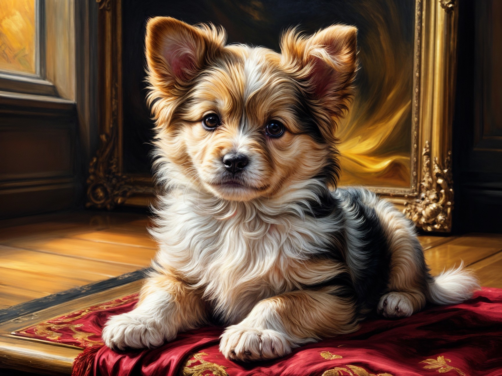 Fluffy puppy on red velvet with golden frames backdrop