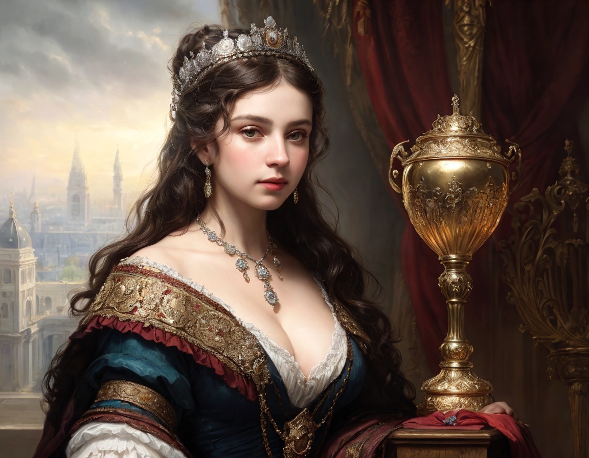 Regal woman in crown poses with trophy in luxurious attire.