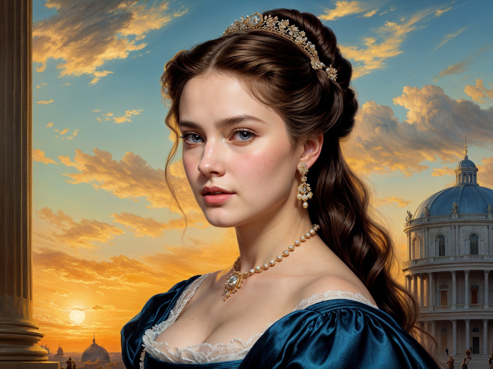 Young Woman in Elegant Blue Dress at Sunset