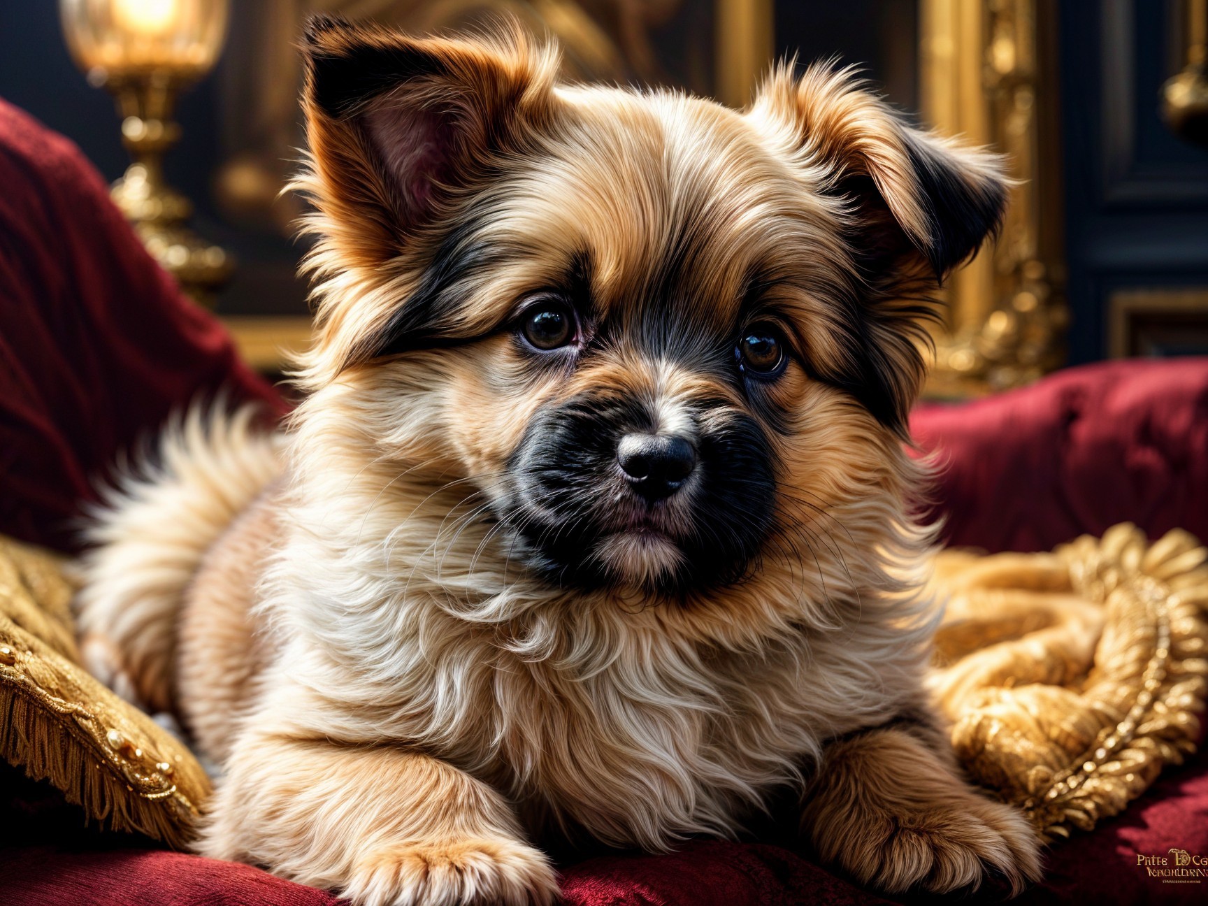 Fluffy Puppy on Elegant Red Velvet Cushion