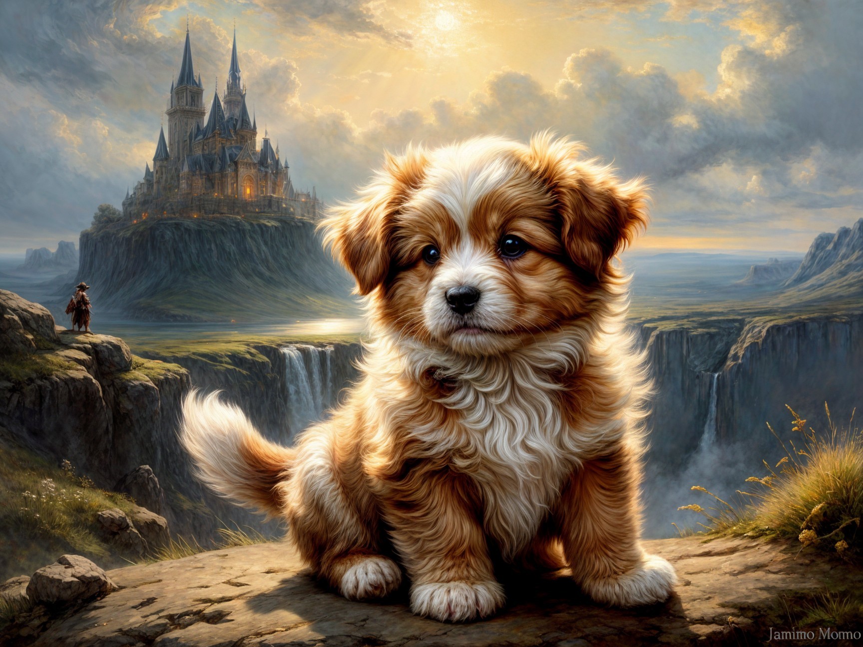 Golden-brown puppy on rocky ledge with castle backdrop