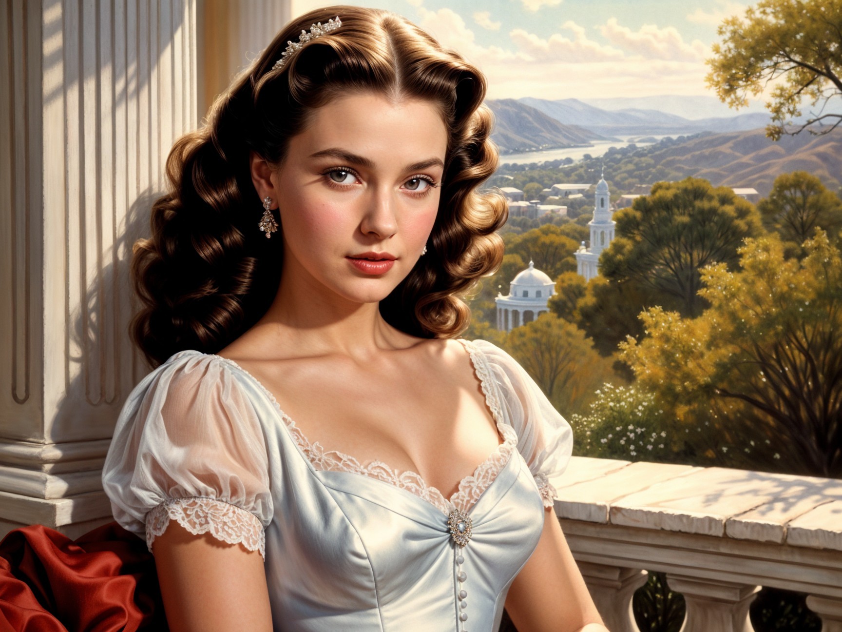 Young woman in blue gown with curls in serene landscape