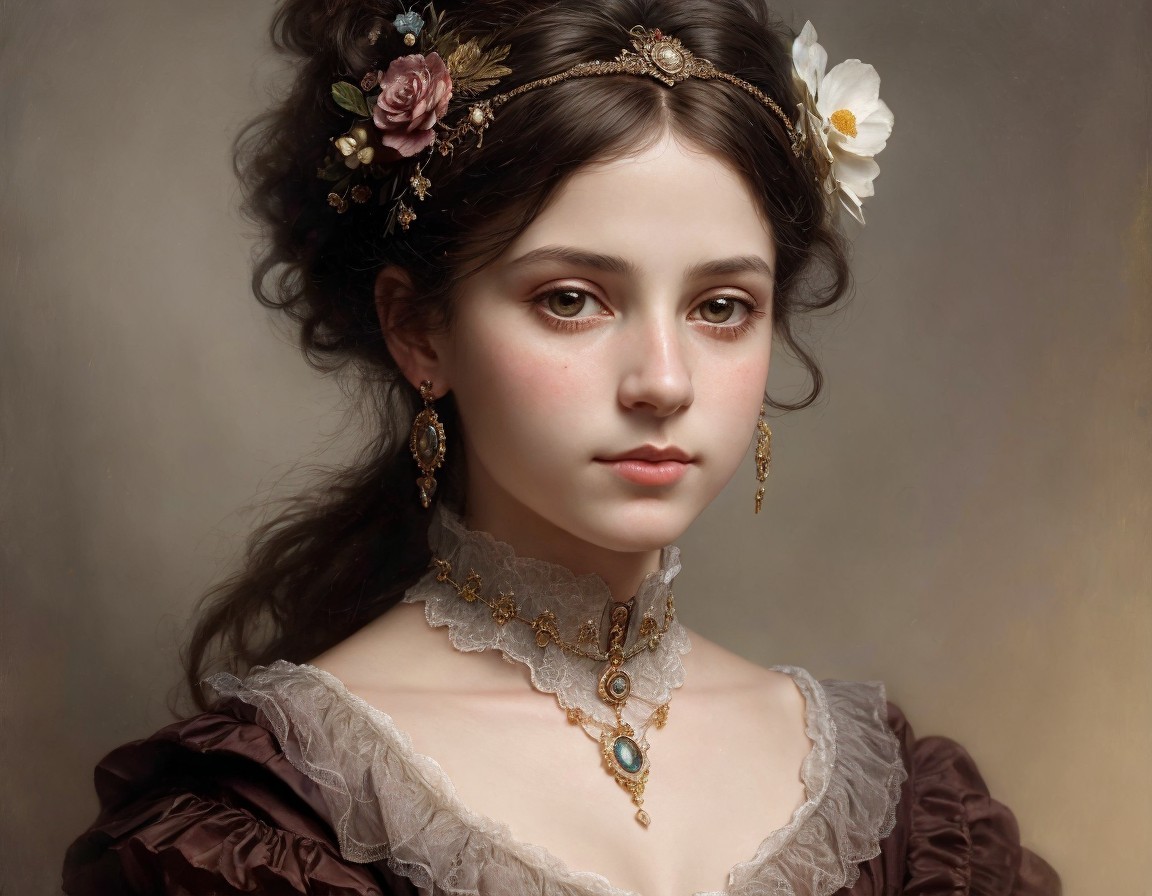 Young woman in elegant gown with floral accessories