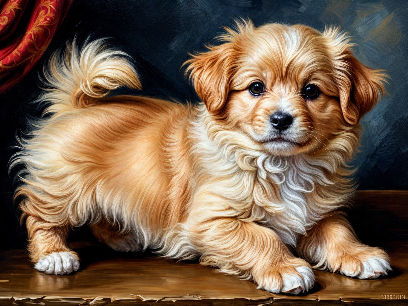 Golden Fluffy Puppy on Wooden Surface in Cozy Setting