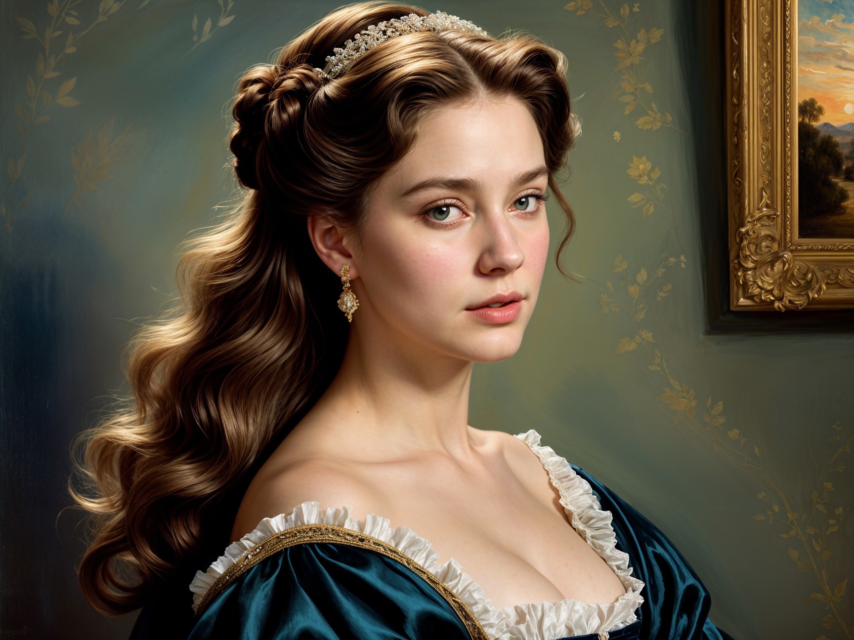 Elegant Young Woman in Green Gown with Floral Background