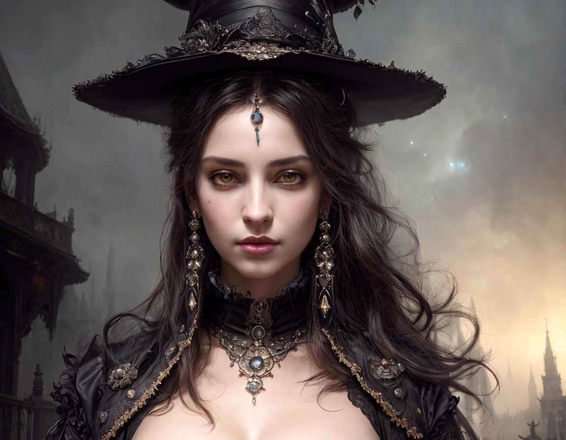Dark-haired woman in gothic attire with green eyes and ornate jewelry