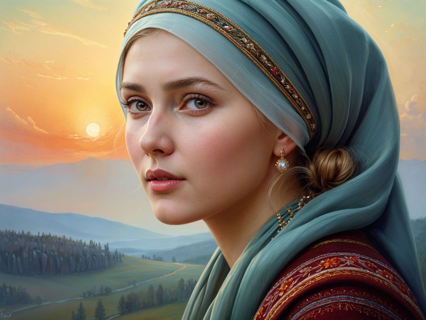Young woman in headscarf during sunset landscape