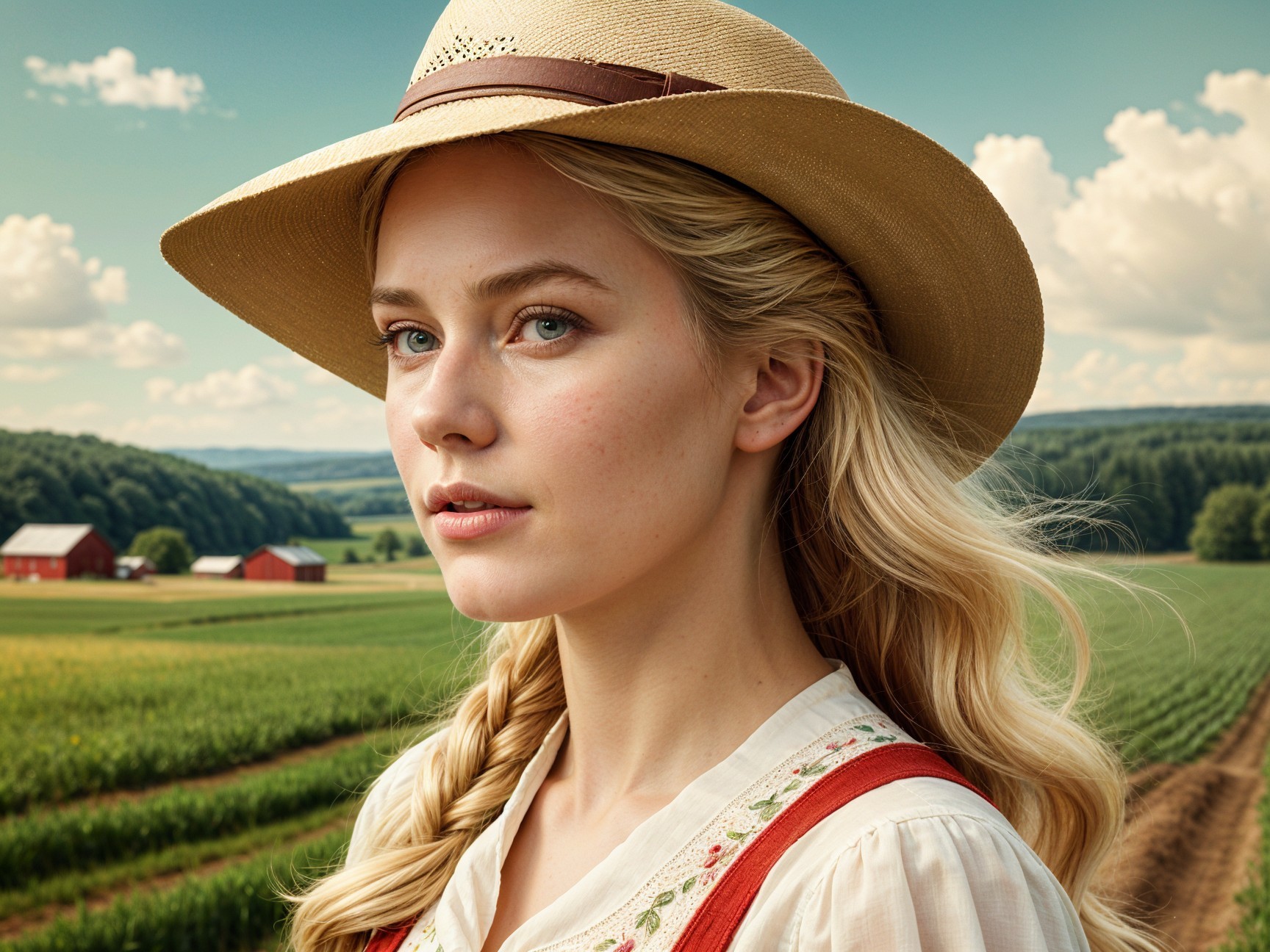 Young Woman in Embroidered Dress in Countryside Setting